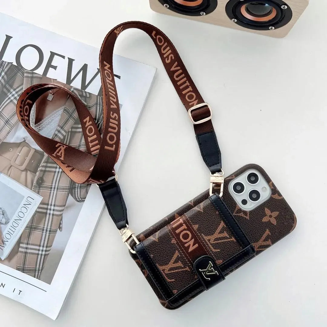 Louis Vuitton-inspired monogram iPhone 17 case with wallet strap