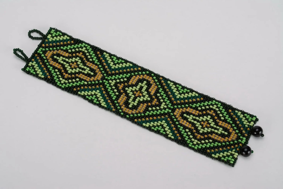 Wide ethnic beaded bracelet dark green and black yellow bracelet