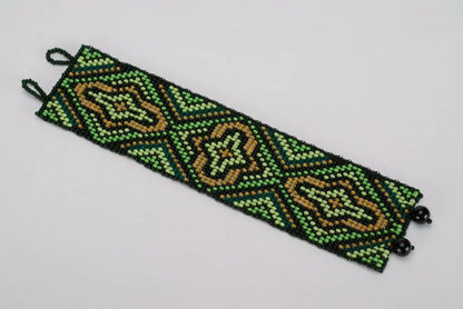Wide ethnic beaded bracelet dark green and black yellow bracelet