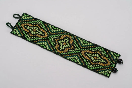Wide ethnic beaded bracelet dark green and black yellow bracelet