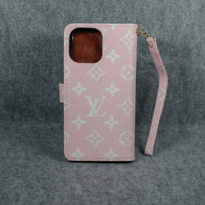 Louis Vuitton-inspired pink monogram flip wallet case for iPhone 17 Pro Max