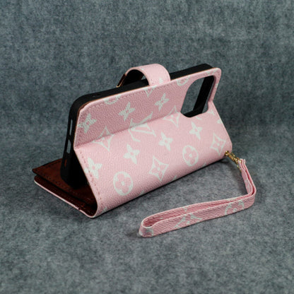 Louis Vuitton-inspired pink monogram flip wallet case for iPhone 17 Pro Max