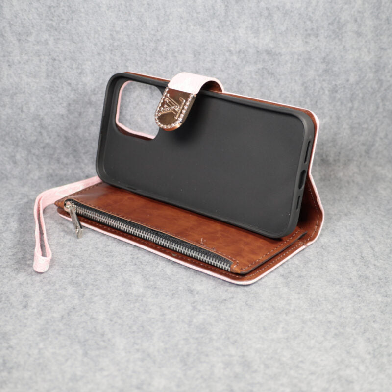 Louis Vuitton-inspired pink monogram flip wallet case for iPhone 17 Pro Max