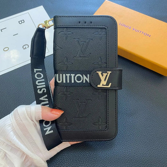 Louis Vuitton-inspired embossed flip wallet case for iPhone 17