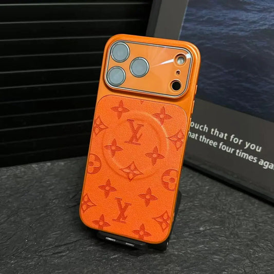 Louis Vuitton-inspired light monogram iPhone 17 case with contrasting camera trim, orange