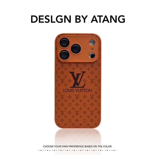 Louis Vuitton-inspired textured monogram iPhone case with contrast camera frame, orange