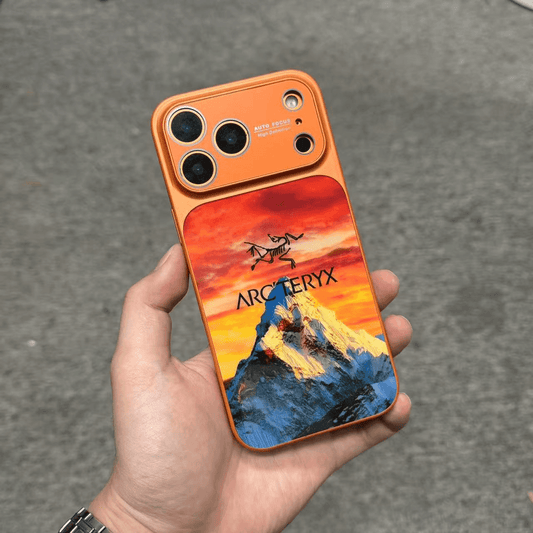 Arc'teryx-inspired mountain print phone case in orange