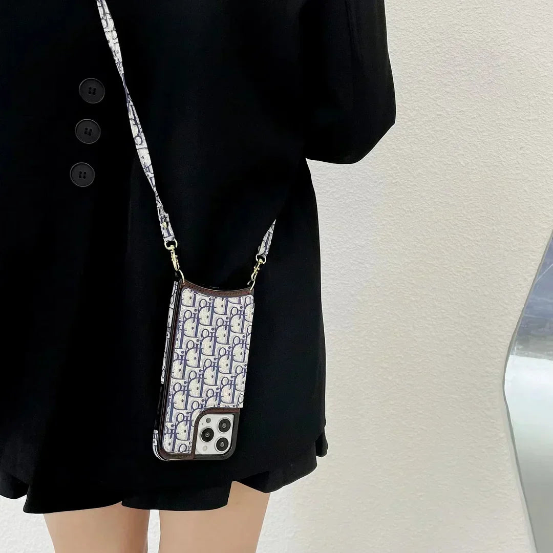 Dior-inspired all-over pattern iPhone case with lanyard