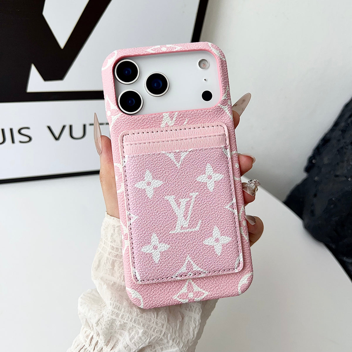 Louis Vuitton-inspired monogram iPhone 17 case with card wallet
