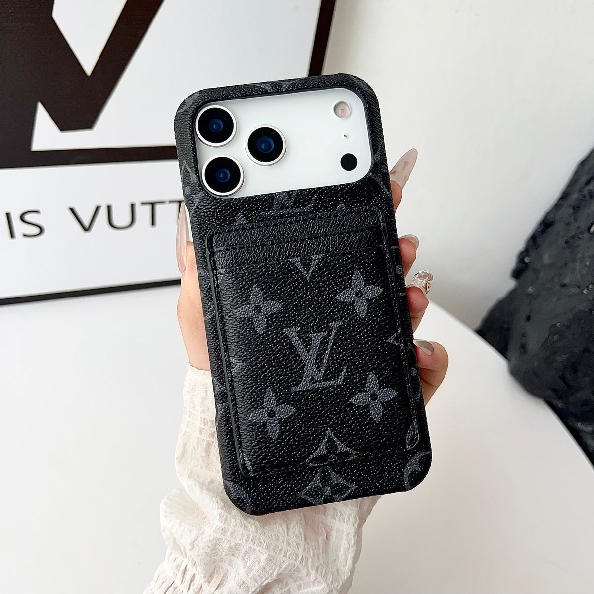 Louis Vuitton-inspired monogram iPhone 17 case with card wallet