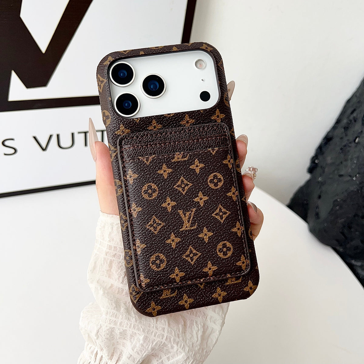 Louis Vuitton-inspired monogram iPhone 17 case with card wallet