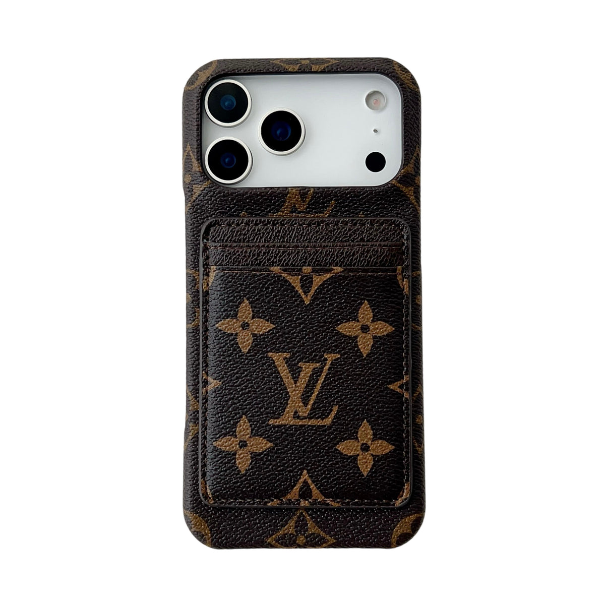 Louis Vuitton-inspired monogram iPhone 17 case with card wallet