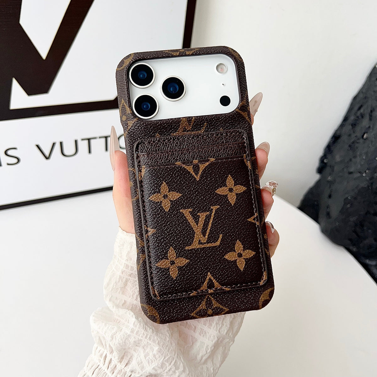 Louis Vuitton-inspired monogram iPhone 17 case with card wallet