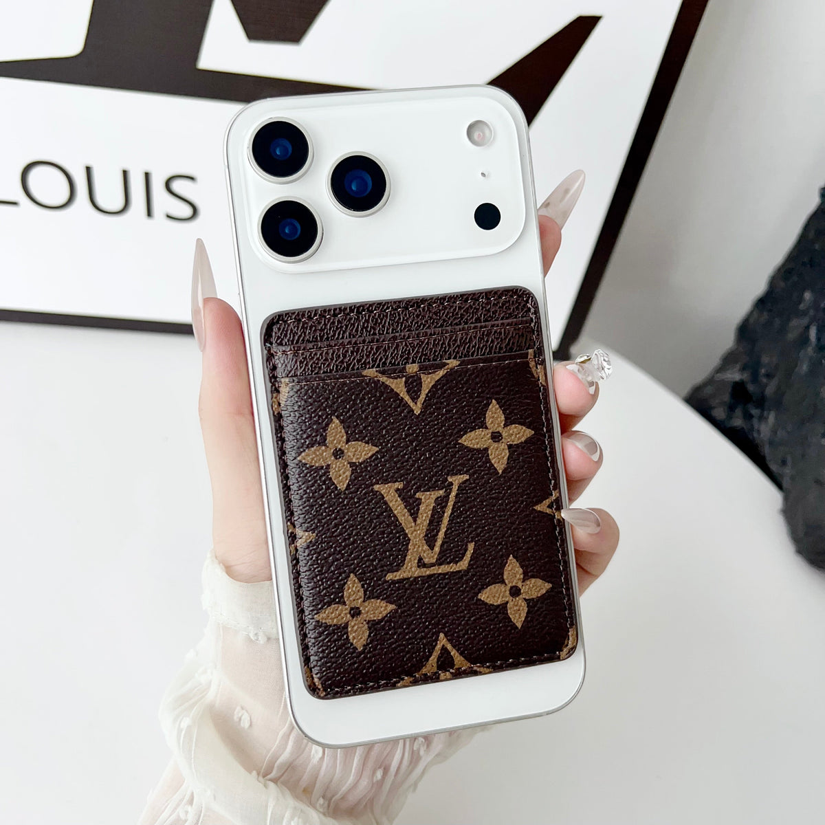 Louis Vuitton-inspired monogram iPhone 17 case with card wallet