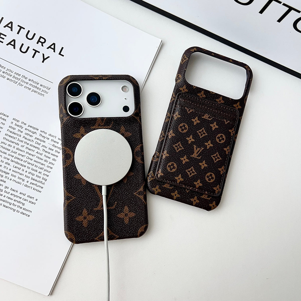 Louis Vuitton-inspired monogram iPhone 17 case with card wallet