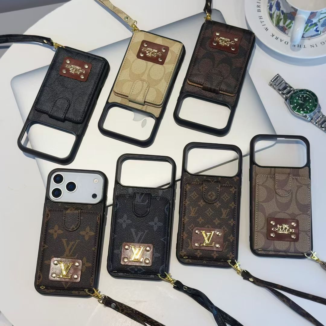 Louis Vuitton-inspired monogram iPhone 17 case with card pocket and wrist strap