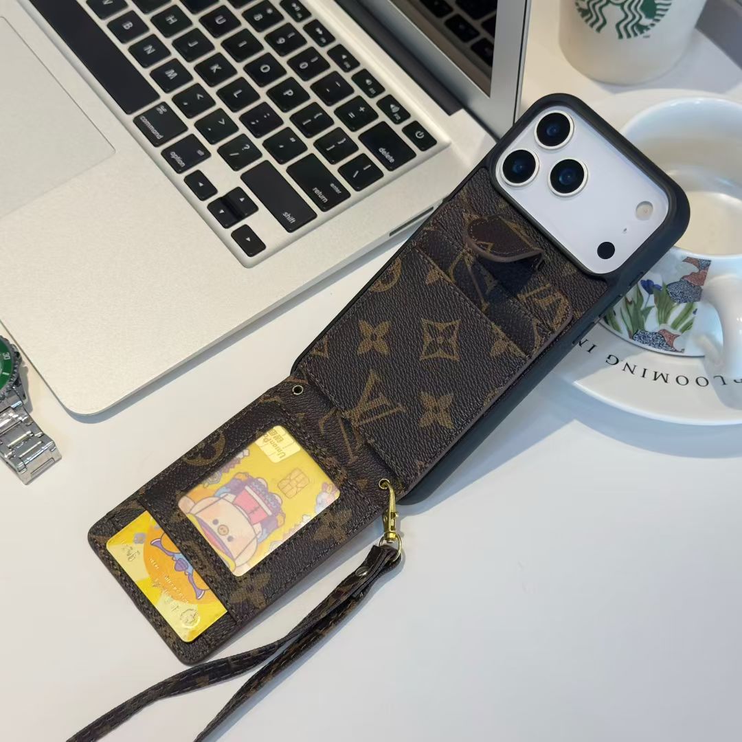 Louis Vuitton-inspired monogram iPhone 17 case with card pocket and wrist strap
