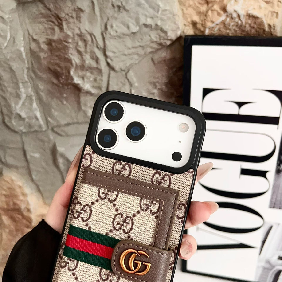 Louis Vuitton-inspired monogram iPhone 17 case with wallet card holder
