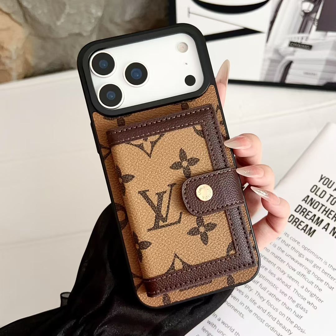 Louis Vuitton-inspired monogram iPhone 17 case with wallet card holder