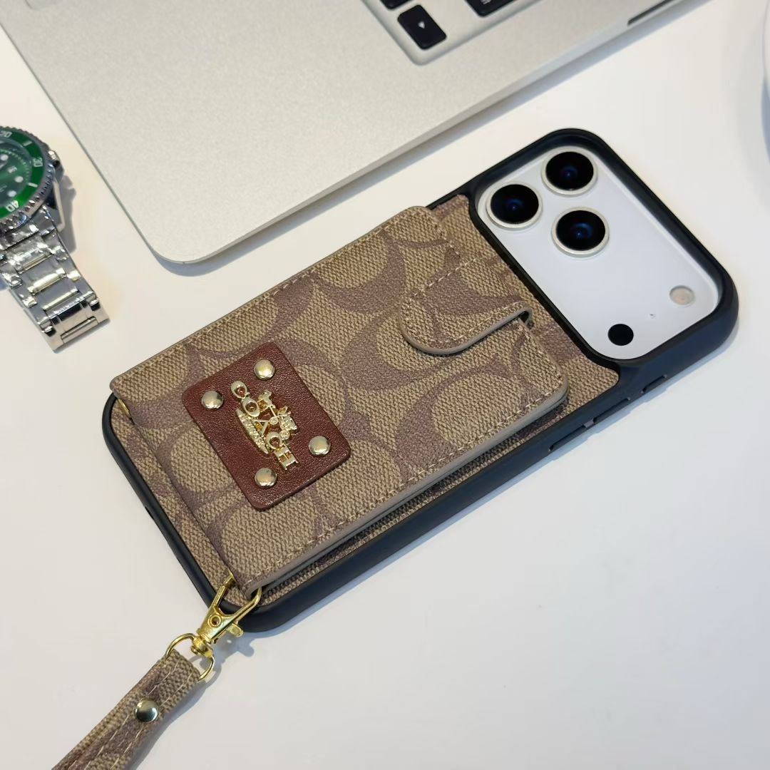 Louis Vuitton-inspired monogram iPhone 17 case with card pocket and wrist strap