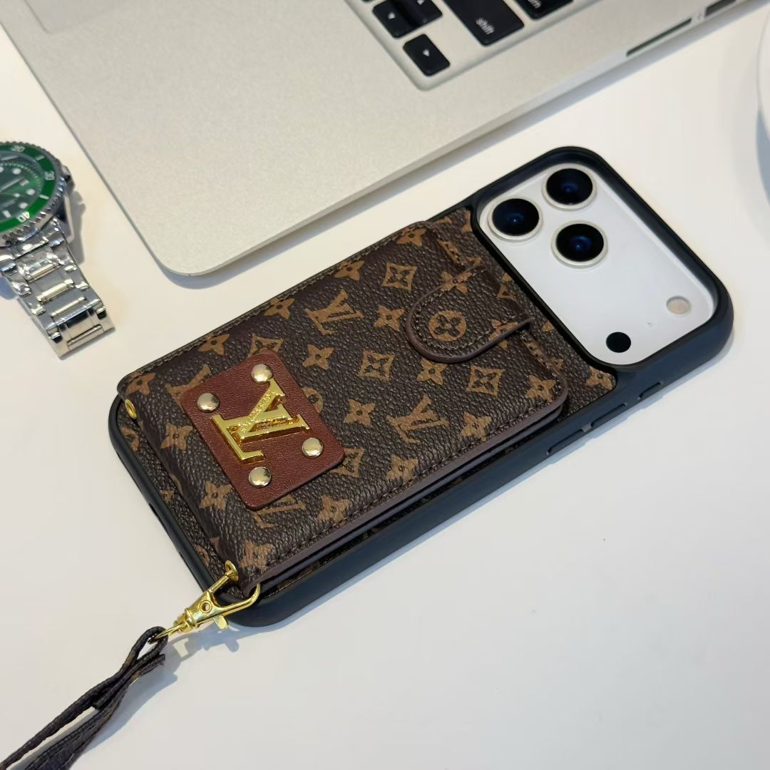 Louis Vuitton-inspired monogram iPhone 17 case with card pocket and wrist strap