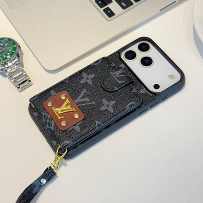 Louis Vuitton-inspired monogram iPhone 17 case with card pocket and wrist strap