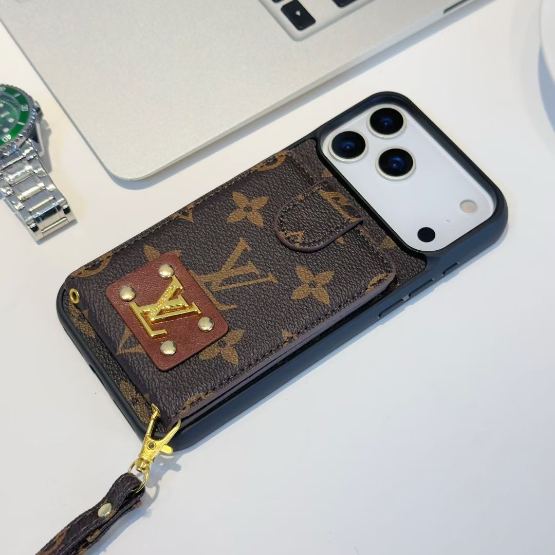 Louis Vuitton-inspired monogram iPhone 17 case with card pocket and wrist strap