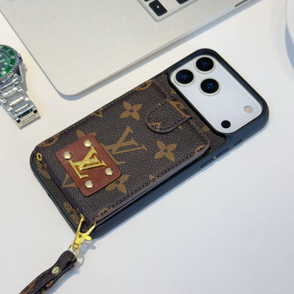 Louis Vuitton-inspired monogram iPhone 17 case with card pocket and wrist strap