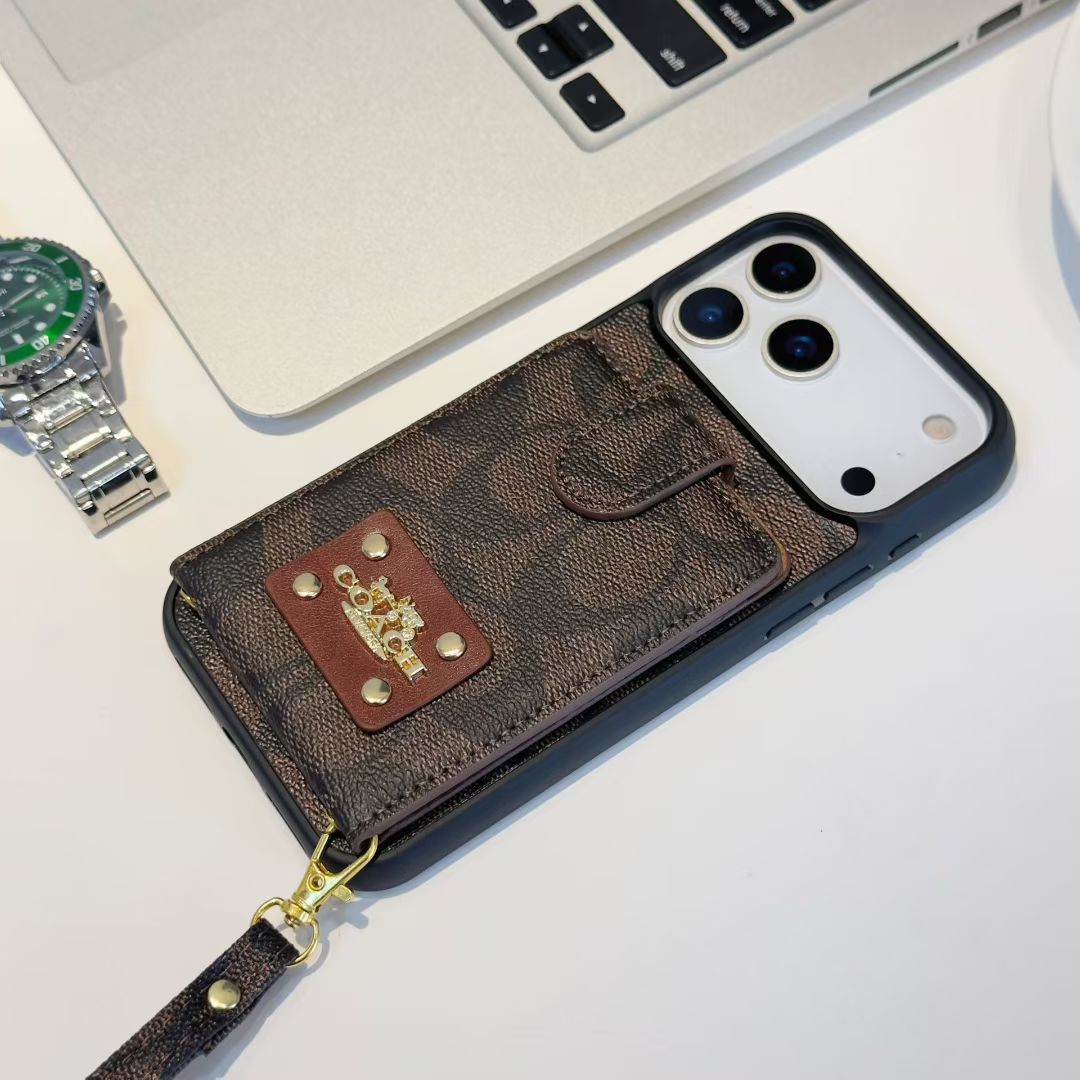 Louis Vuitton-inspired monogram iPhone 17 case with card pocket and wrist strap