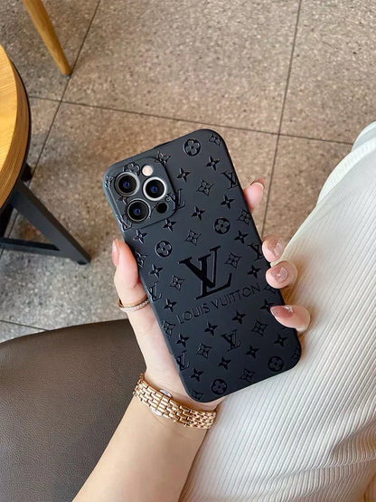 Louis Vuitton-inspired black embossed monogram iPhone 17 case