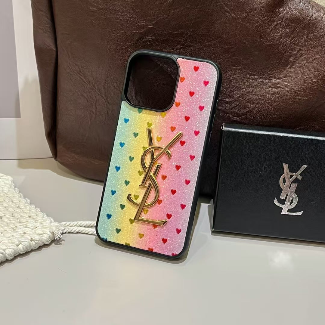 YSL-inspired glitter iPhone case with metal emblem