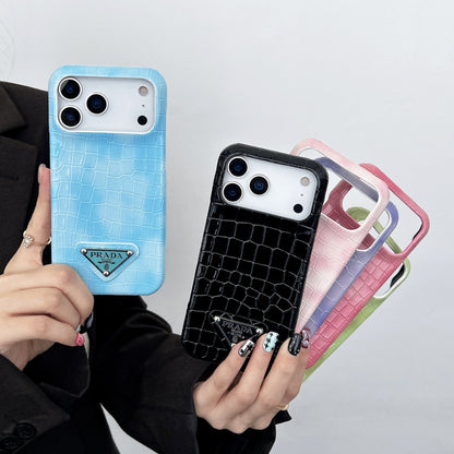 Prada-inspired pastel textured iPhone 17 case with triangle detail