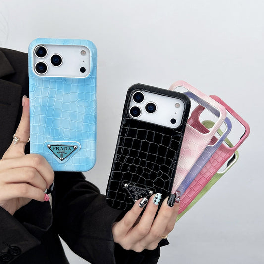 Prada-inspired pastel textured iPhone 17 case with triangle detail