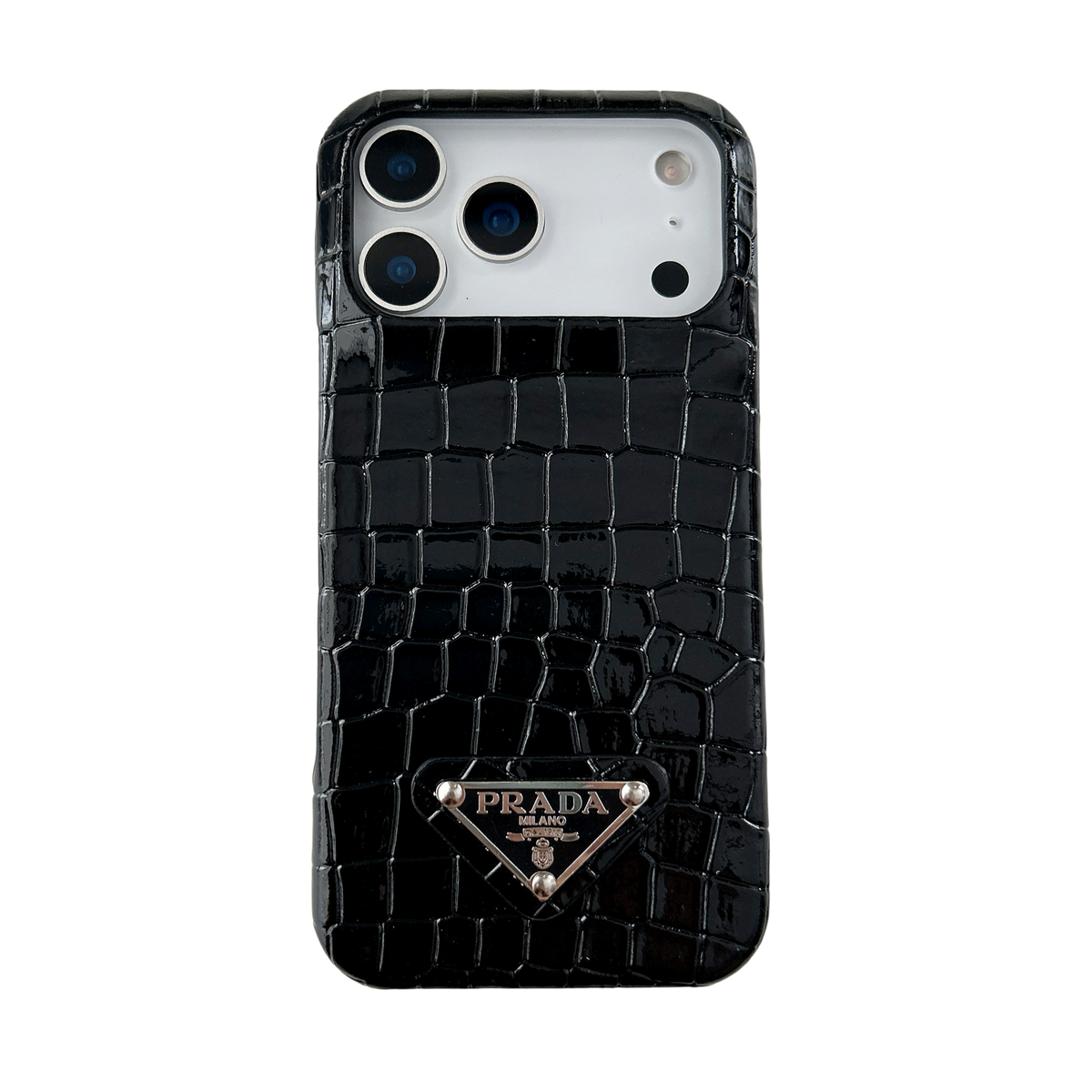Prada-inspired pastel textured iPhone 17 case with triangle detail