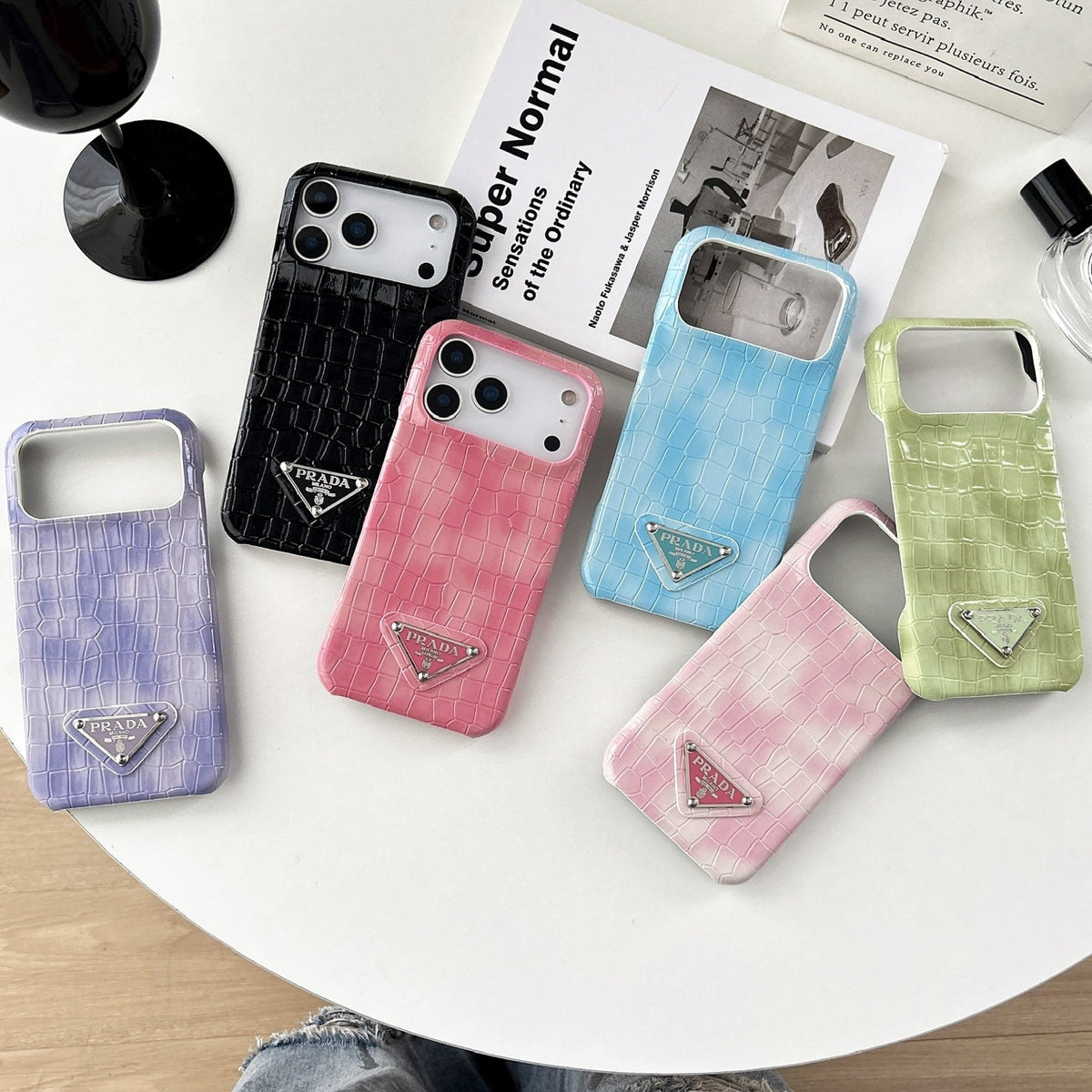 Prada-inspired pastel textured iPhone 17 case with triangle detail