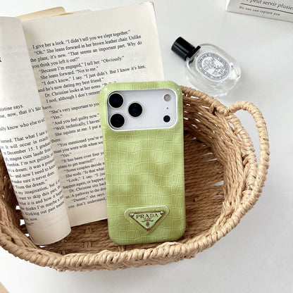 Prada-inspired pastel textured iPhone 17 case with triangle detail
