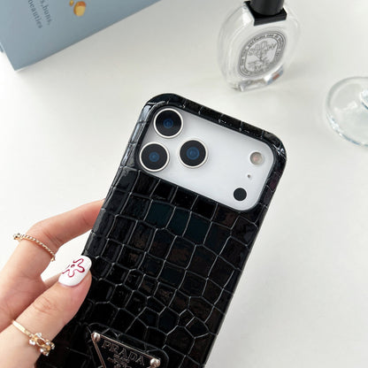 Prada-inspired pastel textured iPhone 17 case with triangle detail