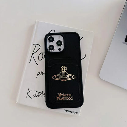 Vivienne Westwood-inspired solid color phone case with orb emblem, black