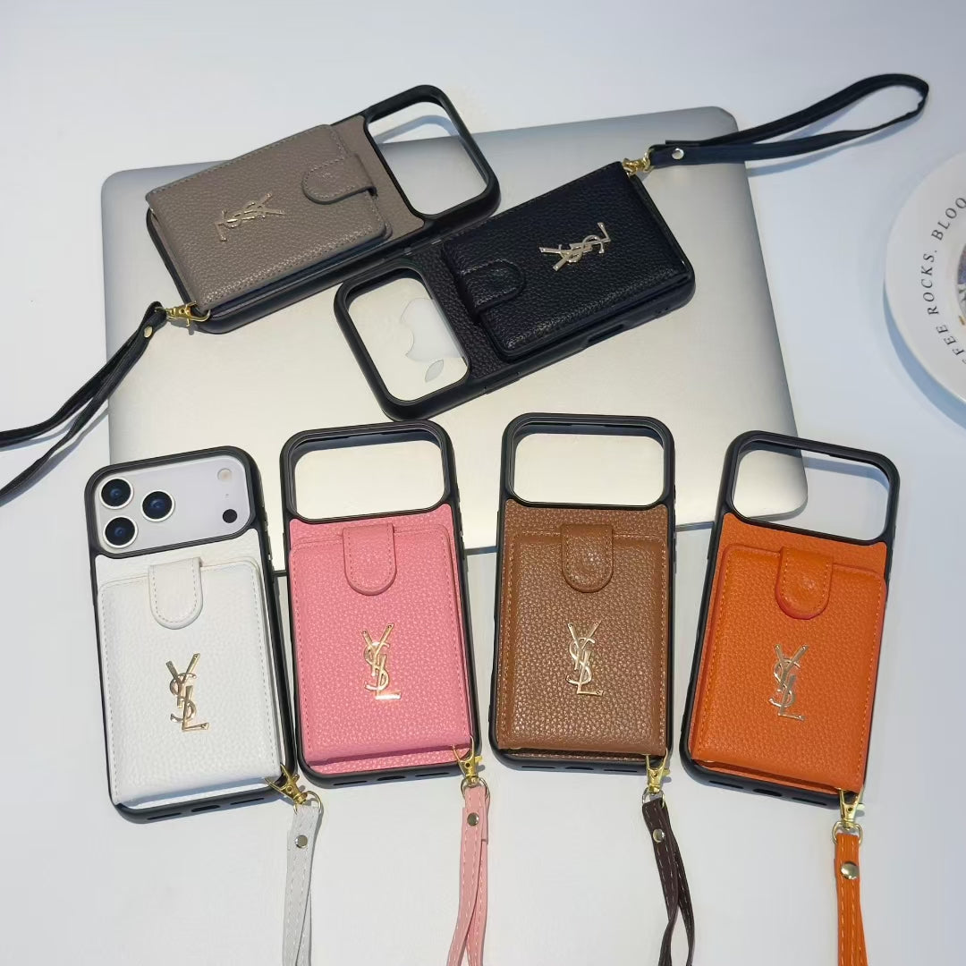 YSL-inspired iPhone 17 Pro case with card pocket and wrist strap