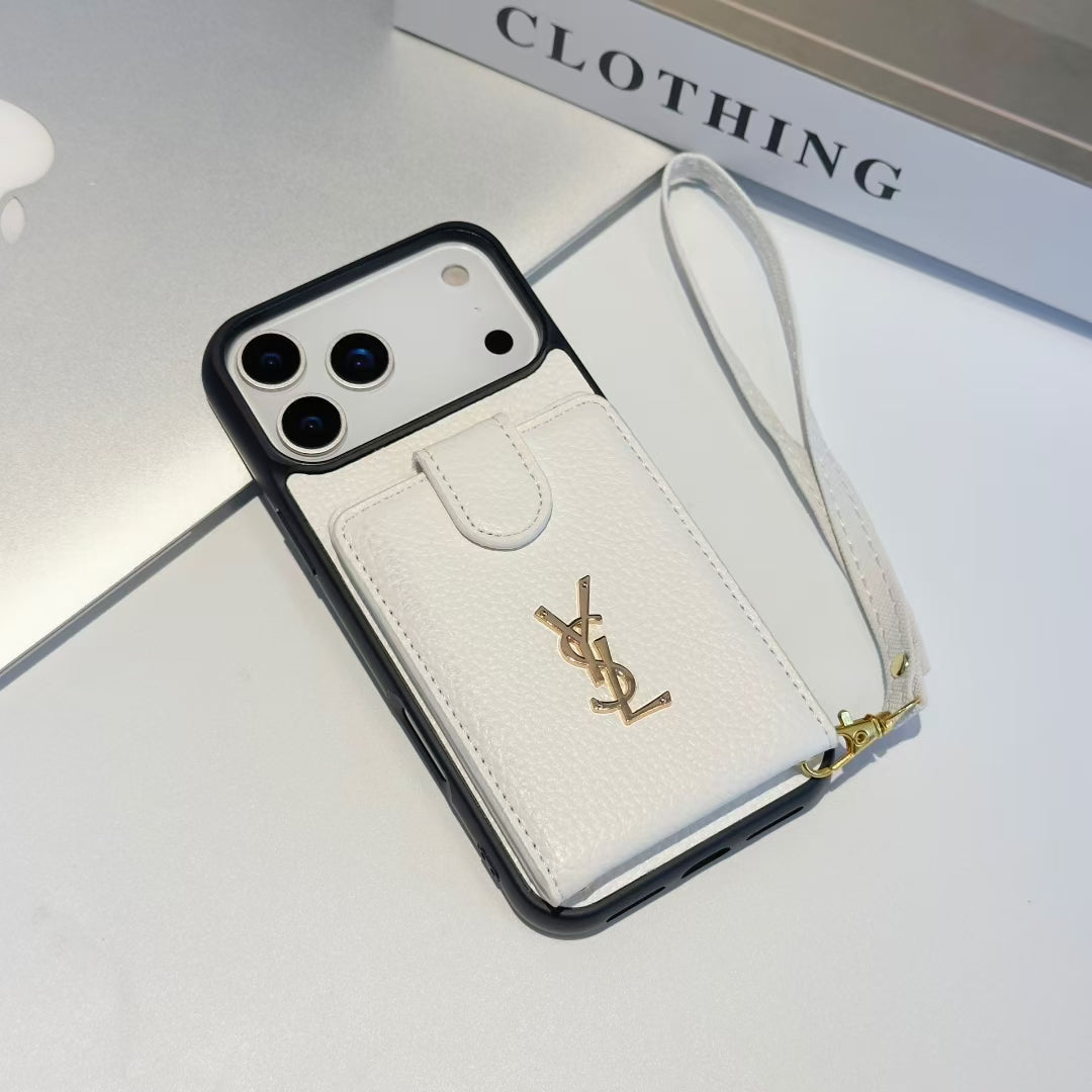 YSL-inspired iPhone 17 Pro case with card pocket and wrist strap