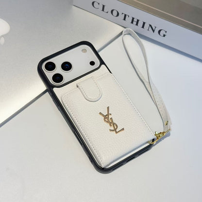 YSL-inspired iPhone 17 Pro case with card pocket and wrist strap